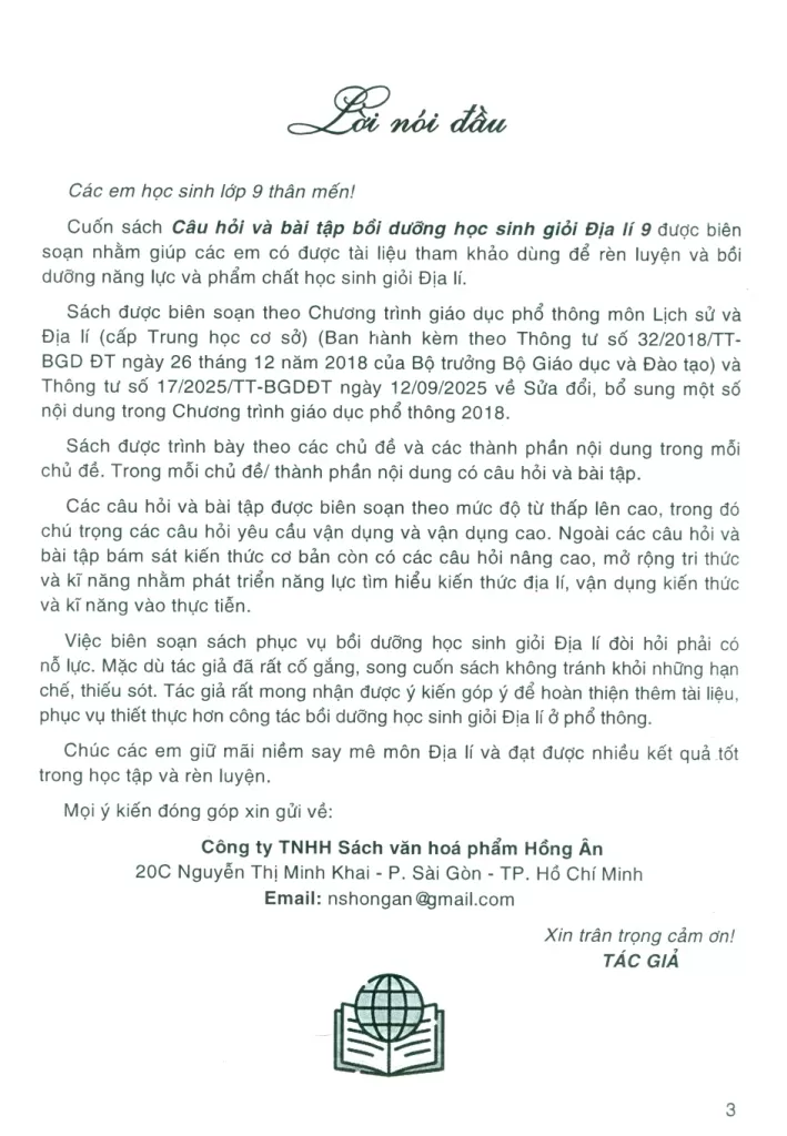 CÂU HỎI VÀ BÀI TẬP BỒI DƯỠNG HỌC SINH GIỎI ĐỊA LÍ LỚP 9 (Biên soạn theo chương trình GDPT mới) - Tái bản có cập nhật.
